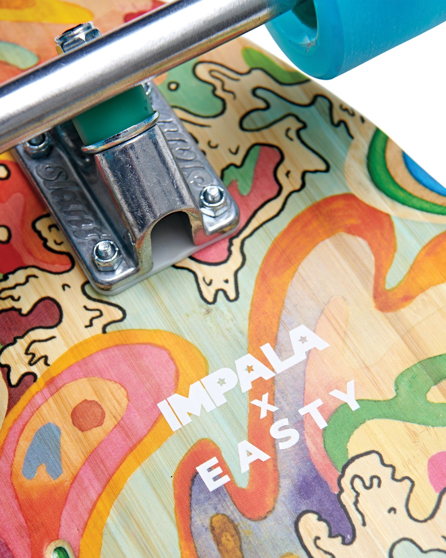 Graphic and truck detailing of Impala Sirena Longboard - Easty Beasty