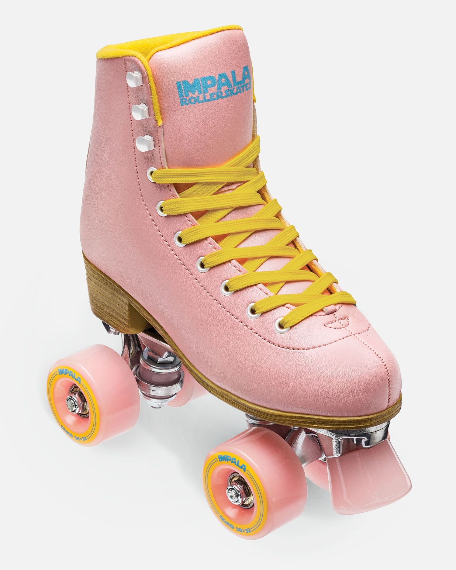 Front angled of Impala Quad Skate - Pink/Yellow